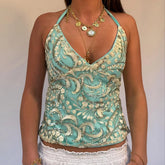 BXOXO Glitter Beaded Vest Sequin Sparkly Backless Tie Up Halter Tops Boho Beach Vacation Crop Top Women Y2k Coquette Camis